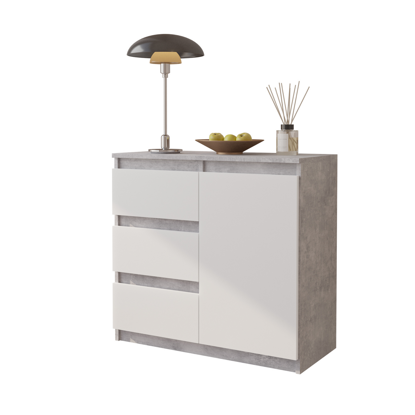 MIKEL - Kommode / Sideboard mit 3 Schubladen und 1 Tür - Beton-Optik / Weiß Matt