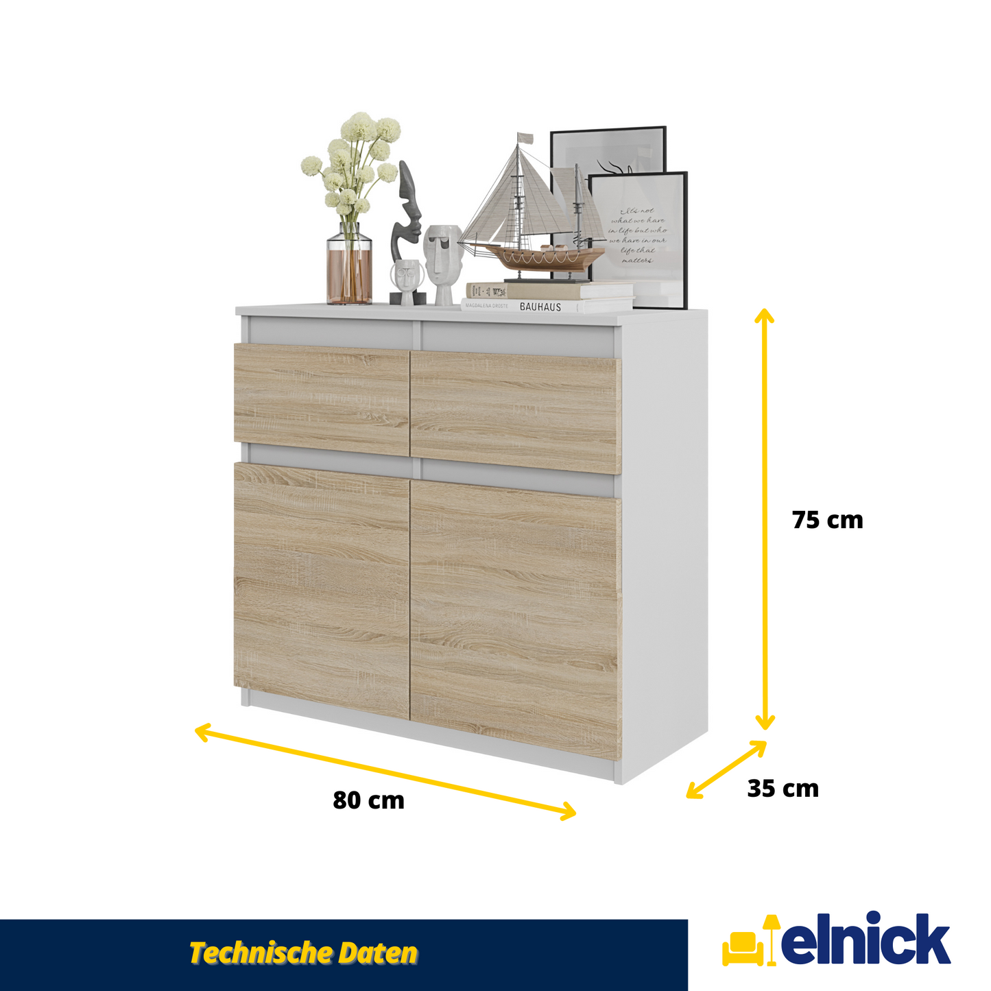 NOAH - Kommode / Sideboard mit 2 Schubladen und 2 Türen - Weiß Matt / Sonoma Eiche