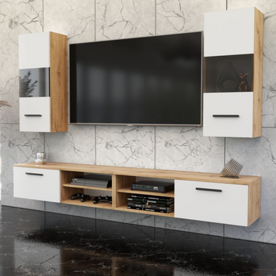 MIRANDA - Wohnwand mit 4 Schränken - Wotan Eiche / Weiß Gloss 240cm