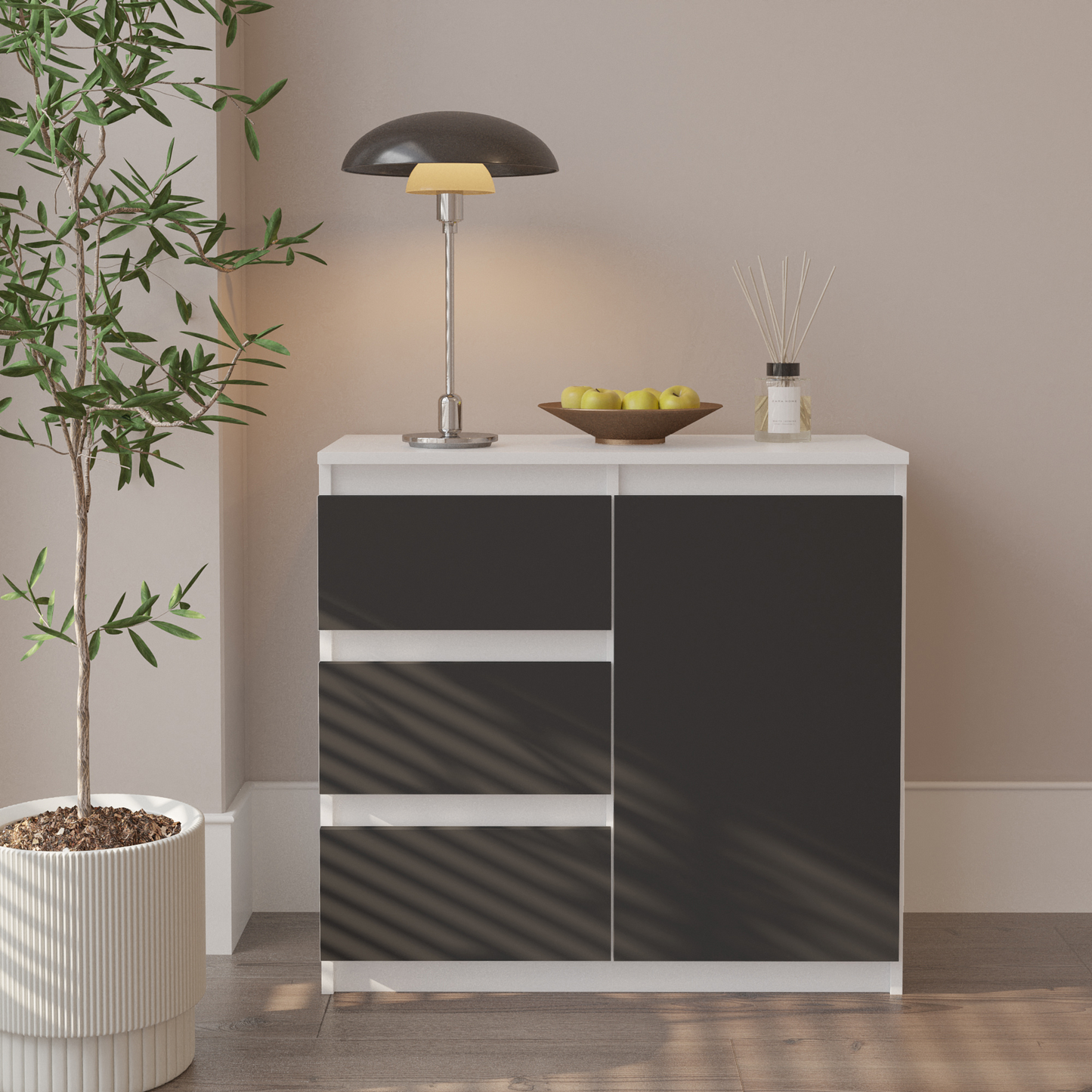MIKEL - Kommode / Sideboard mit 3 Schubladen und 1 Tür - Weiß Matt / Anthrazit Grau