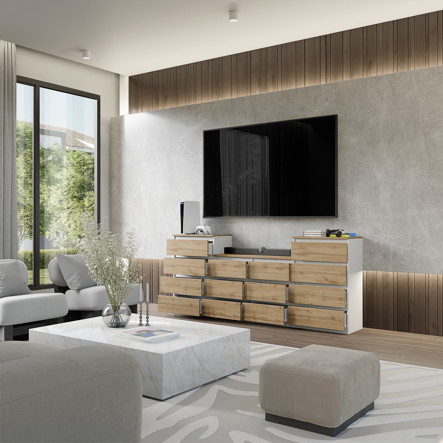 GABRIEL - Kommode / Sideboard mit 14 Schubladen (4+6+4) - Weiß Matt / Wotan Eiche