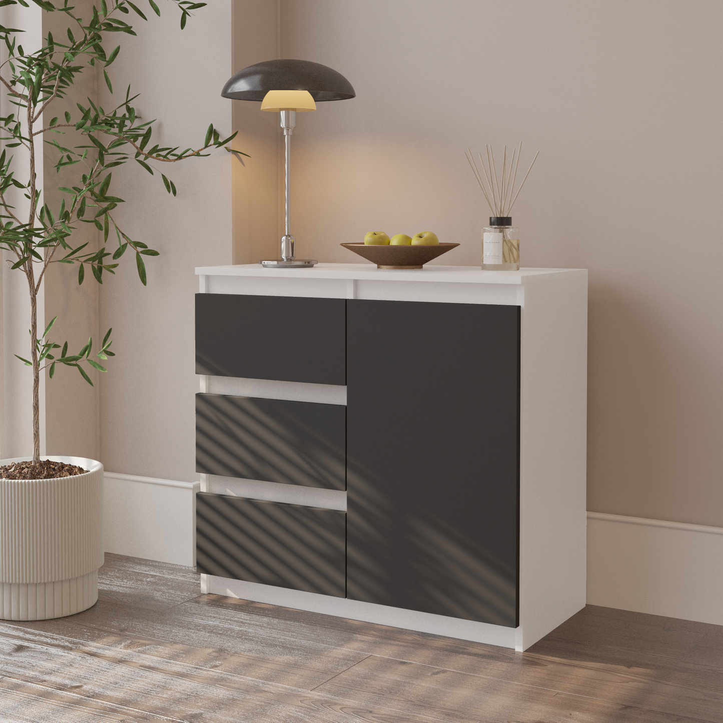 MIKEL - Kommode / Sideboard mit 3 Schubladen und 1 Tür - Weiß Matt / Anthrazit Grau