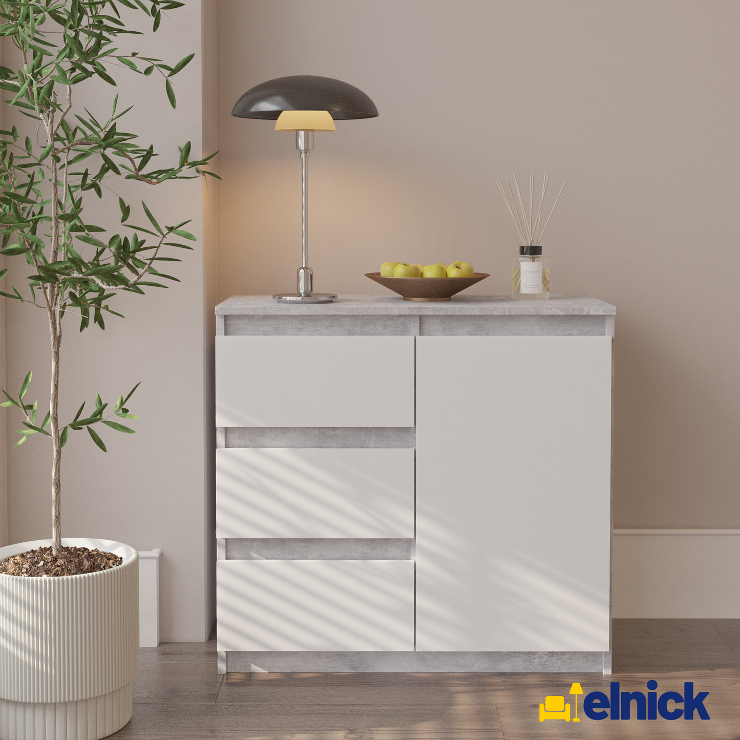 MIKEL - Kommode / Sideboard mit 3 Schubladen und 1 Tür - Beton-Optik / Weiß Matt