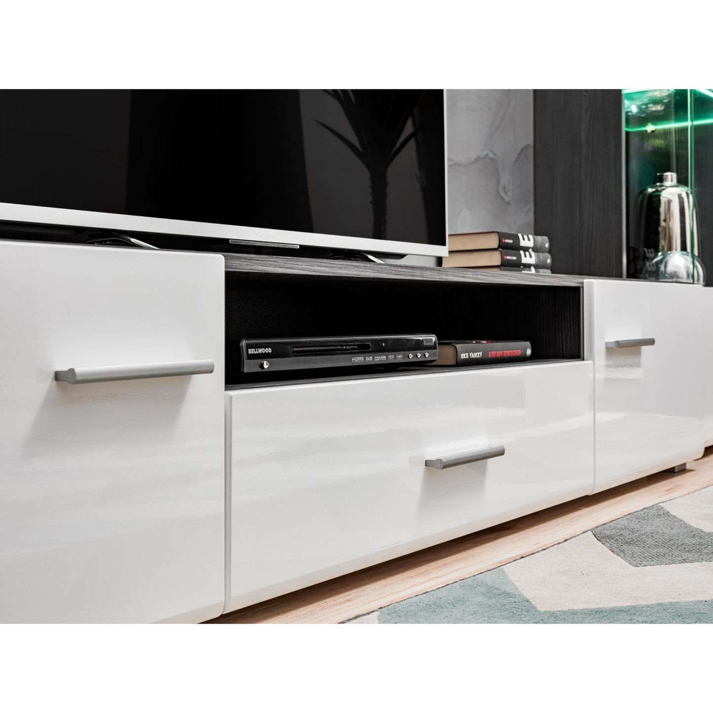 Wohnwand SOLIDO TWIN - Wohnzimmer-Möbel-Set - Norwegische Kiefer / Weiß Gloss