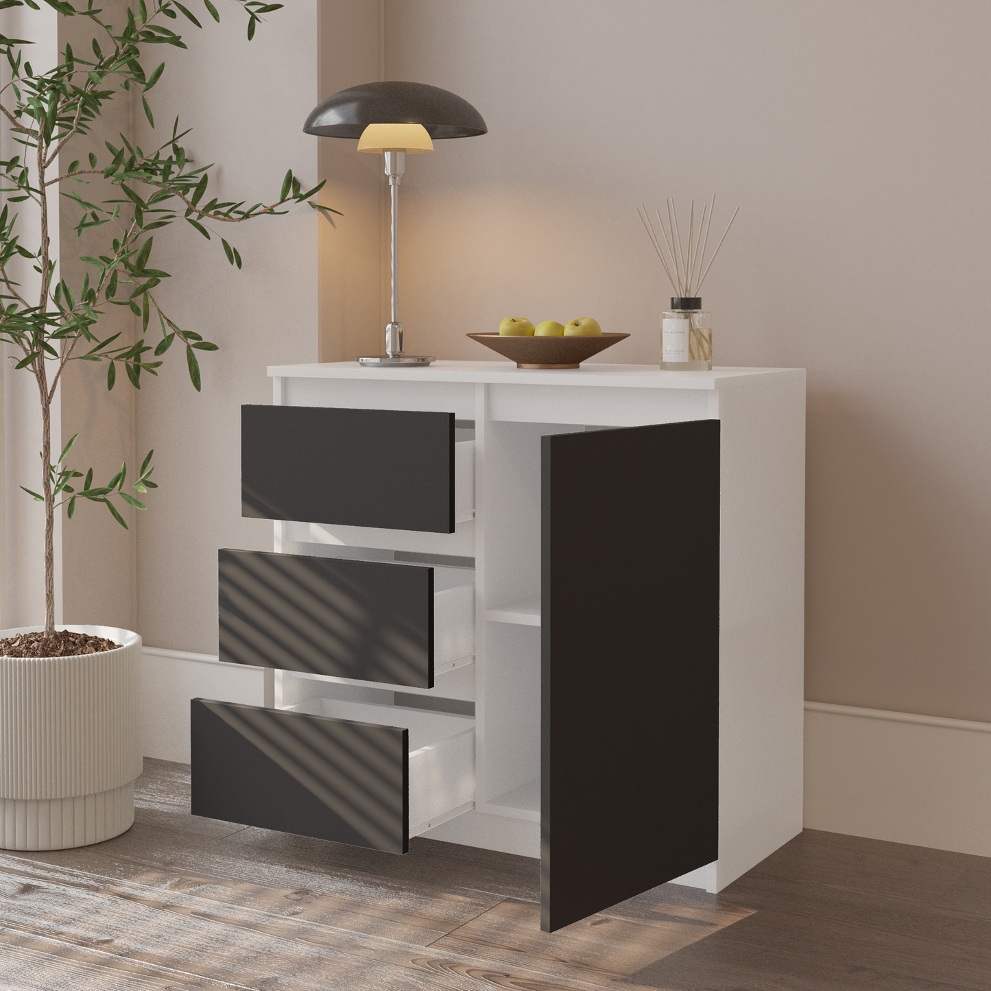 MIKEL - Kommode / Sideboard mit 3 Schubladen und 1 Tür - Weiß Matt / Anthrazit Grau