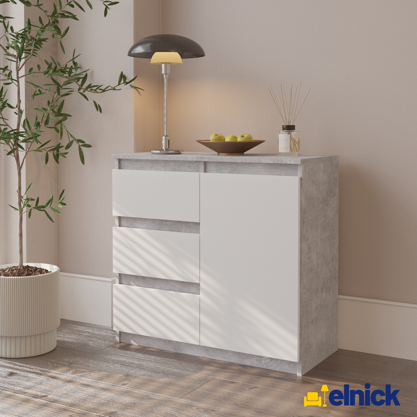 MIKEL - Kommode / Sideboard mit 3 Schubladen und 1 Tür - Beton-Optik / Weiß Matt