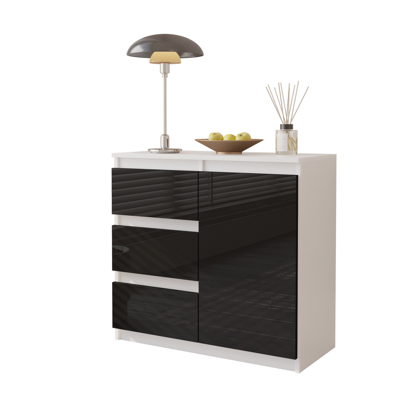 MIKEL - Kommode / Sideboard mit 3 Schubladen und 1 Tür - Weiß Matt / Schwarz Gloss