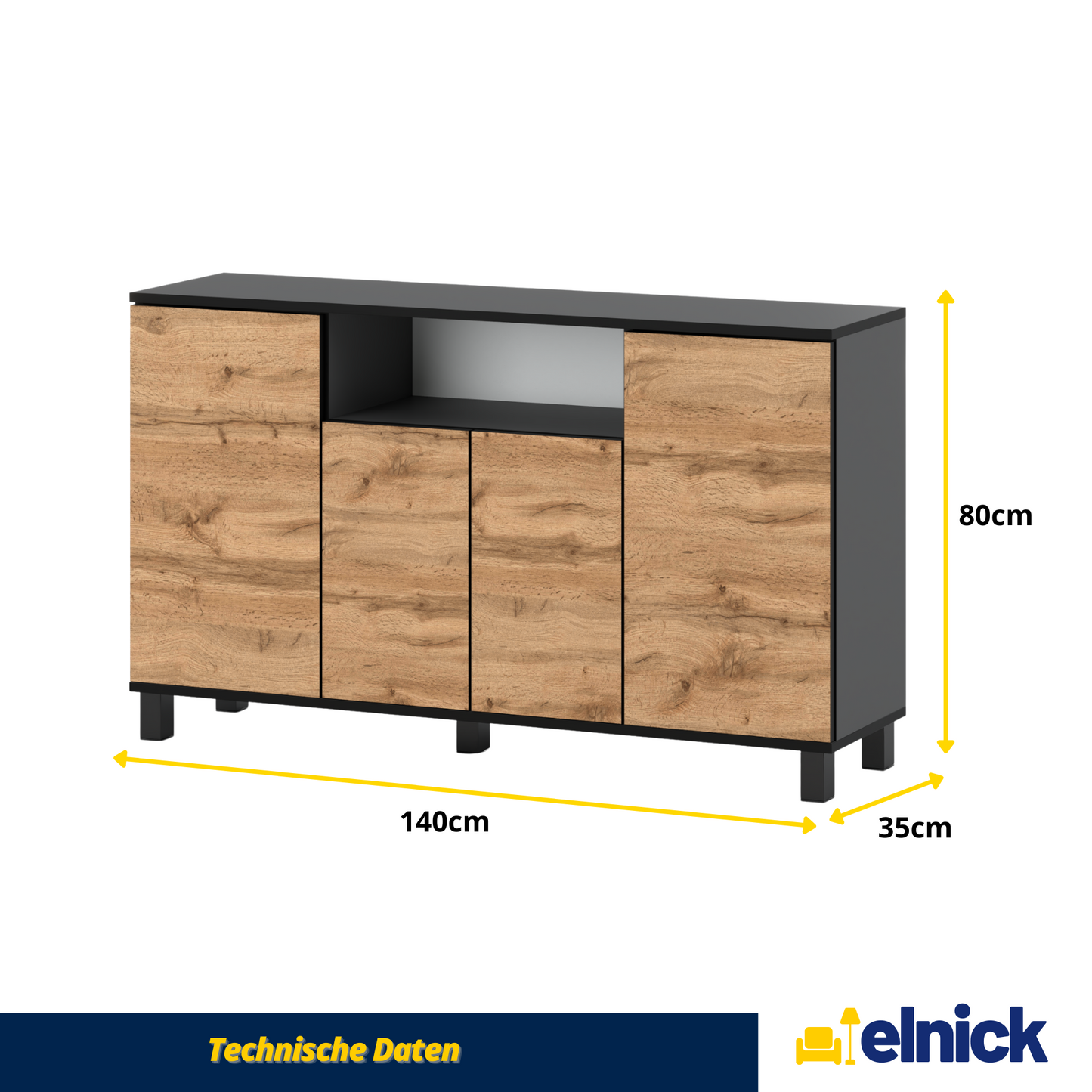 CALVIN – TV-Schrank mit 4 Türen – Wohnzimmer Sideboard - Anthrazit Grau / Wotan Eiche