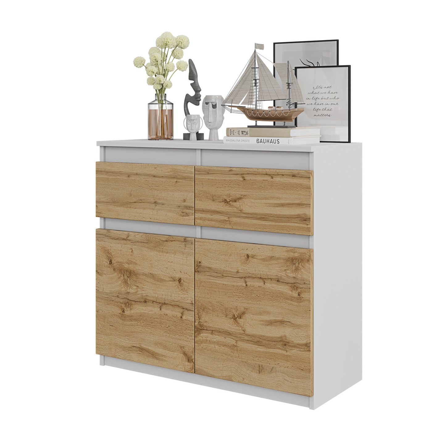 NOAH - Kommode / Sideboard mit 2 Schubladen und 2 Türen - Weiß Matt / Wotan Eiche