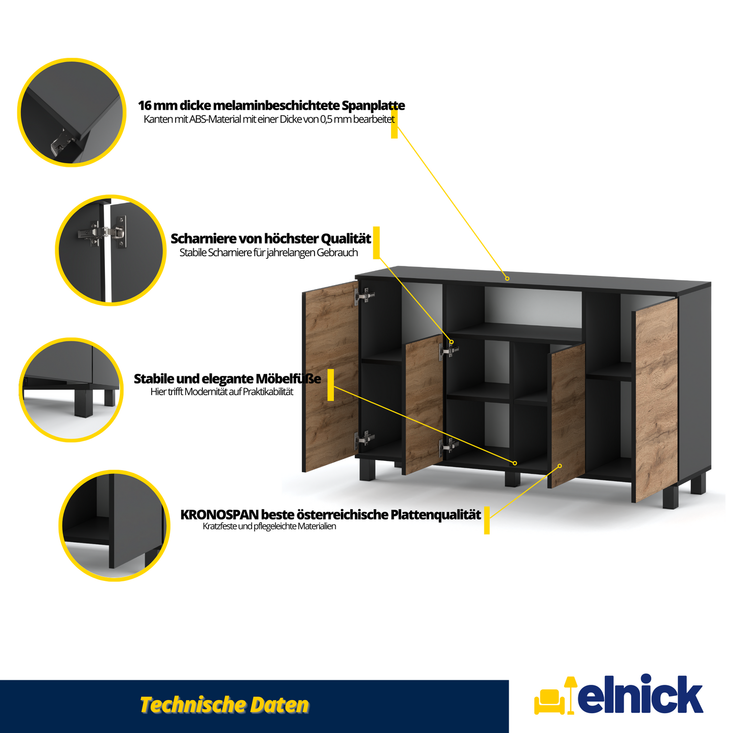 CALVIN – TV-Schrank mit 4 Türen – Wohnzimmer Sideboard - Anthrazit Grau / Wotan Eiche
