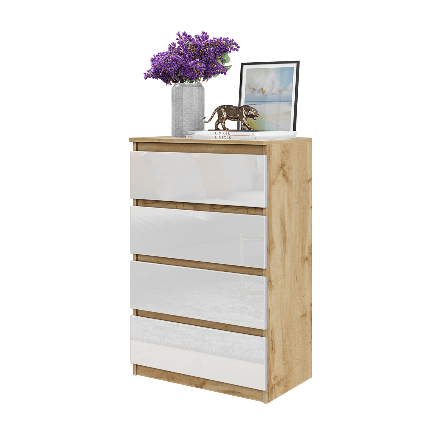 GABRIEL - Kommode / Sideboard mit 4 Schubladen - Wotan Oak / Weiß Glanz H92cm B60cm T33cm