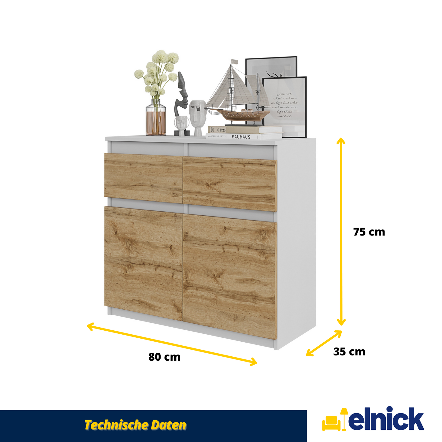 NOAH - Kommode / Sideboard mit 2 Schubladen und 2 Türen - Weiß Matt / Wotan Eiche