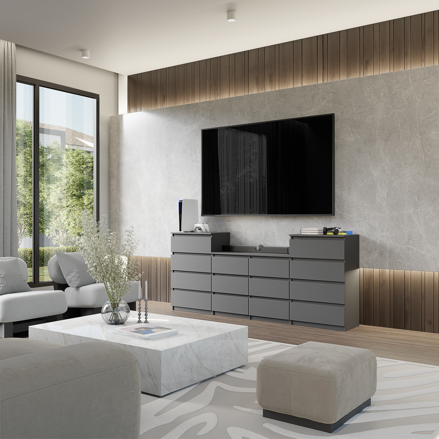 GABRIEL - Kommode / Sideboard mit 14 Schubladen (4+6+4) - Anthrazit Grau