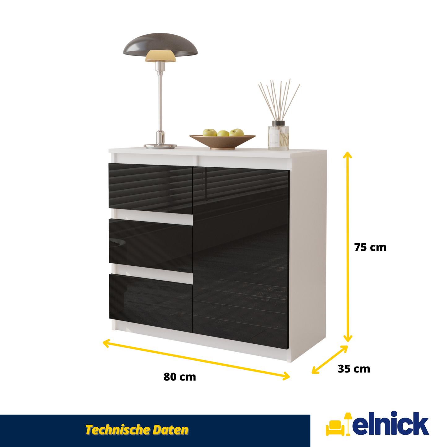 MIKEL - Kommode / Sideboard mit 3 Schubladen und 1 Tür - Weiß Matt / Schwarz Gloss