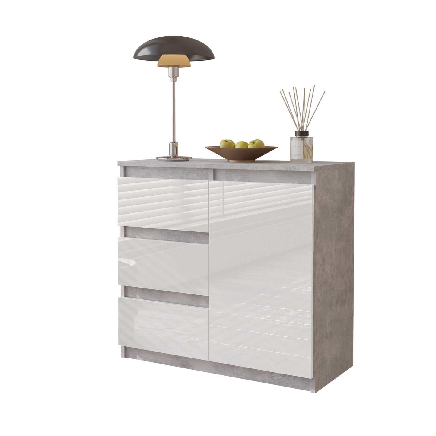 MIKEL - Kommode / Sideboard mit 3 Schubladen und 1 Tür - Beton-Optik / Weiß Gloss