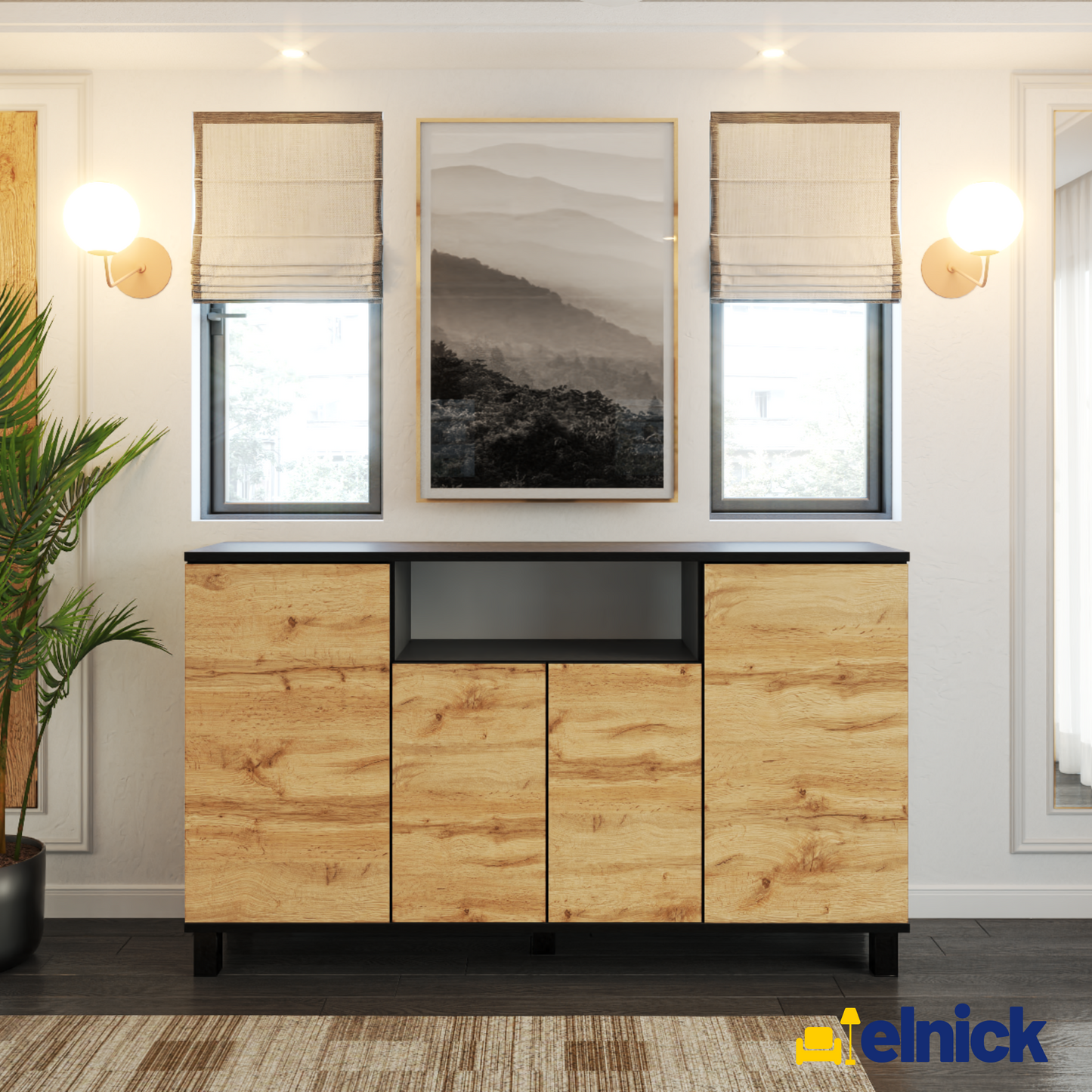 CALVIN – TV-Schrank mit 4 Türen – Wohnzimmer Sideboard - Anthrazit Grau / Wotan Eiche