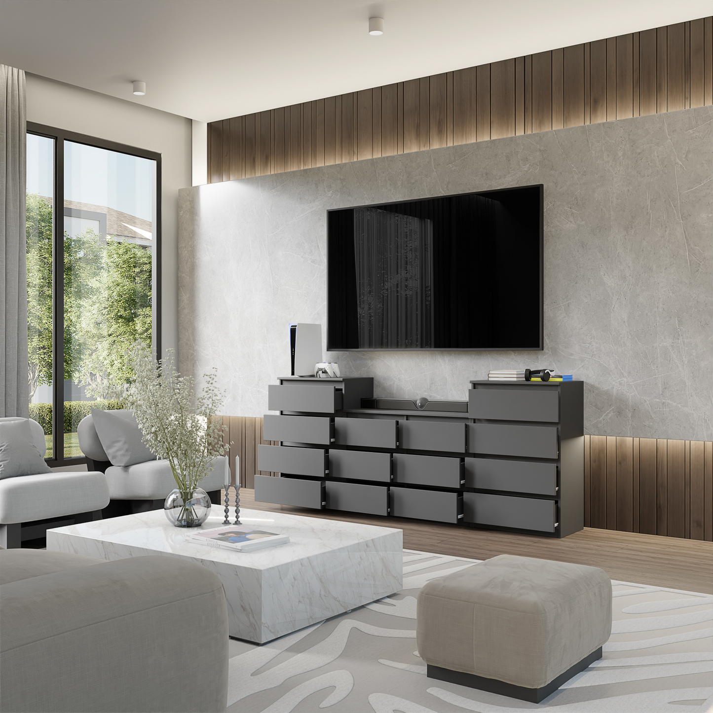 GABRIEL - Kommode / Sideboard mit 14 Schubladen (4+6+4) - Anthrazit Grau