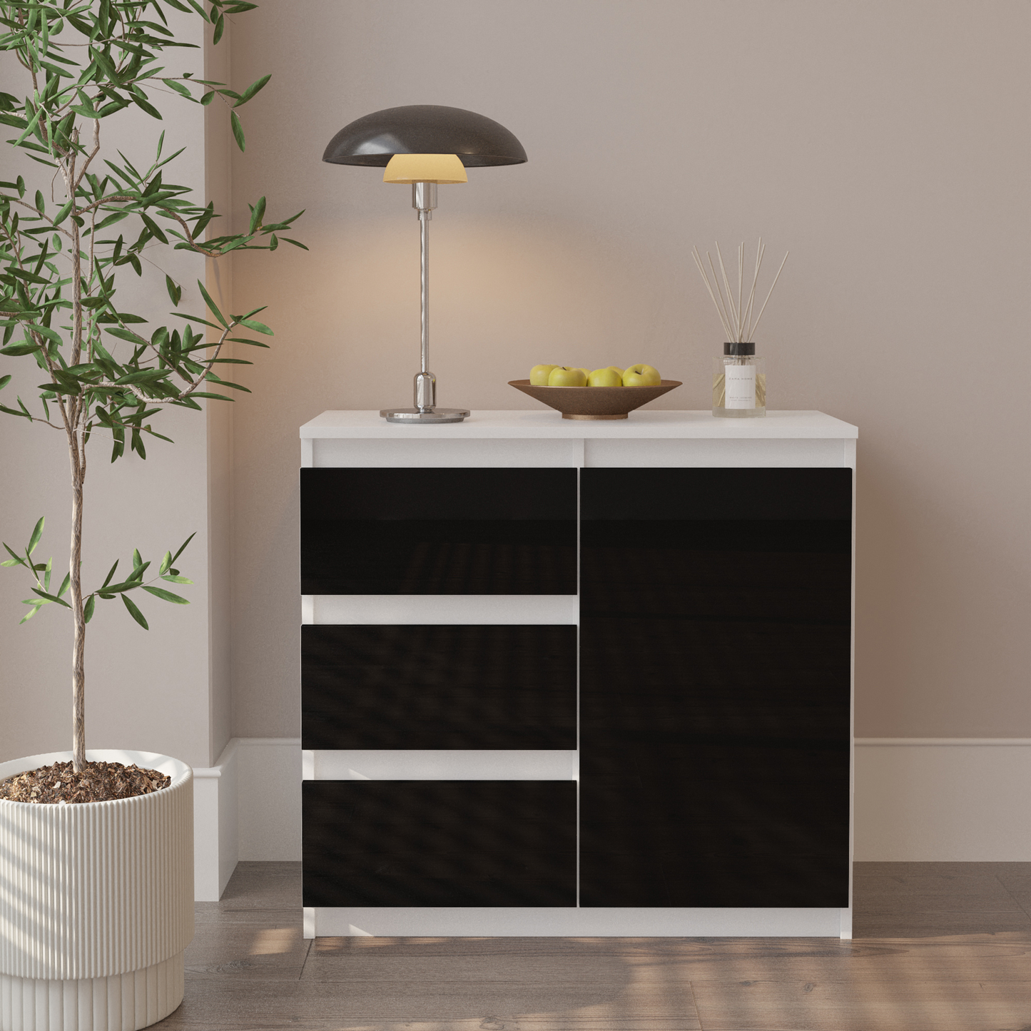 MIKEL - Kommode / Sideboard mit 3 Schubladen und 1 Tür - Weiß Matt / Schwarz Gloss