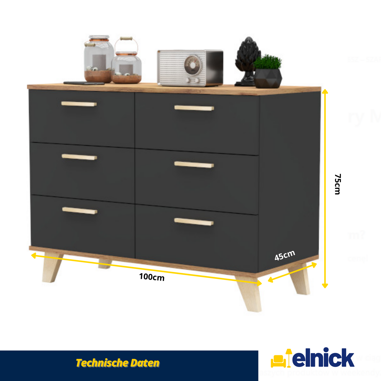 INGRID - Skandinavisch Kommode / Sideboard mit 6 Schubladen - Anthrazit Grau / Wotan Eiche