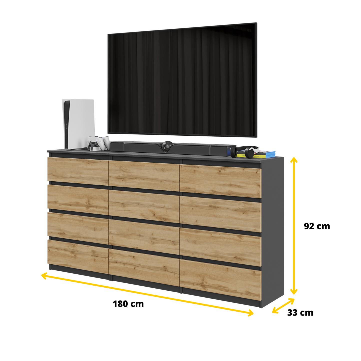 GABRIEL - Kommode / Sideboard mit 12 Schubladen (8+4) - Anthrazit / Wotan Eiche