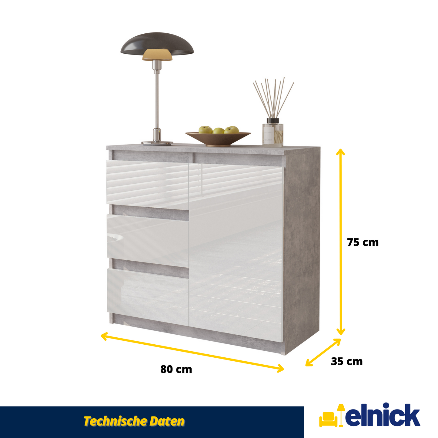 MIKEL - Kommode / Sideboard mit 3 Schubladen und 1 Tür - Beton-Optik / Weiß Gloss
