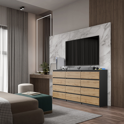 GABRIEL - Kommode / Sideboard mit 12 Schubladen (8+4) - Anthrazit / Wotan Eiche