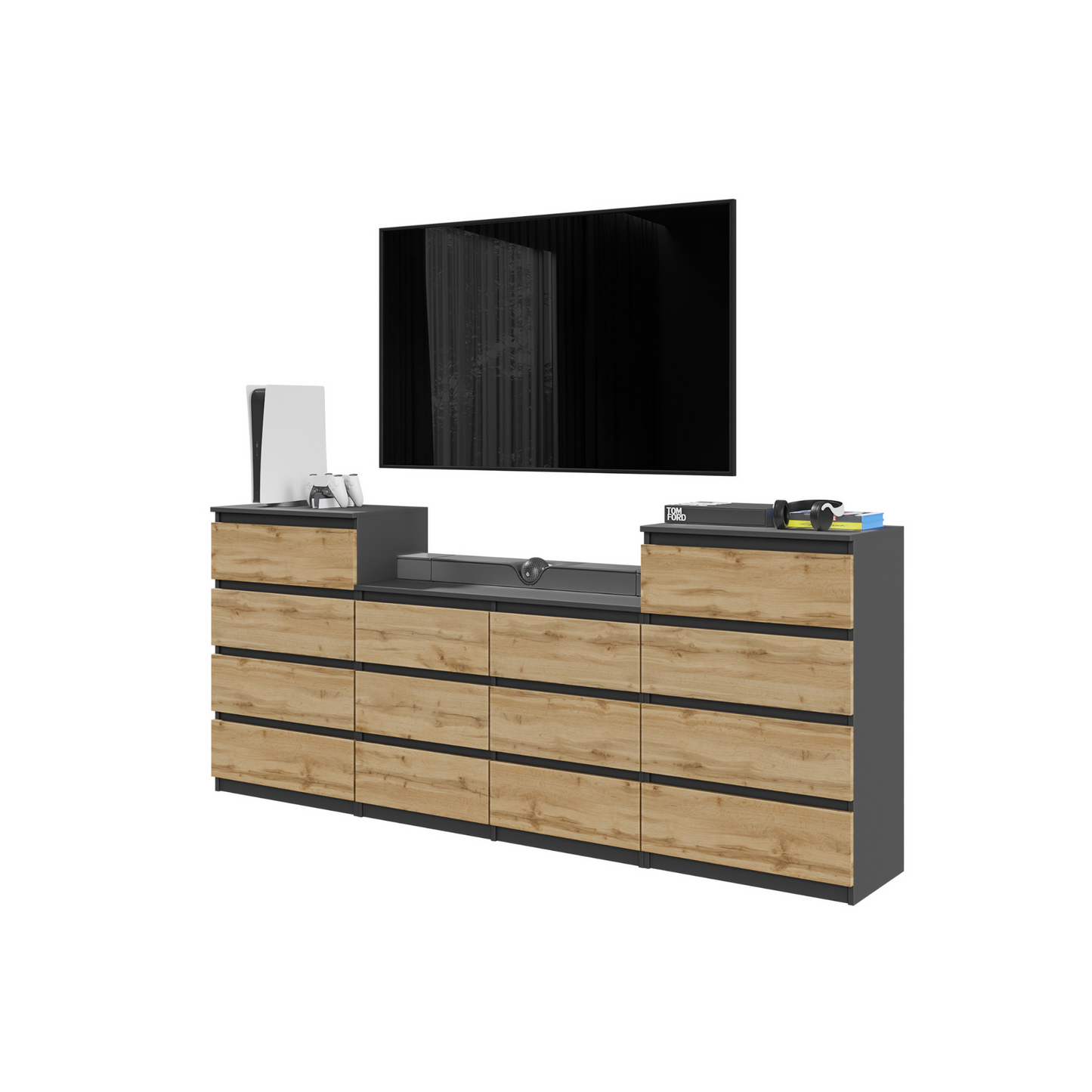 GABRIEL - Kommode / Sideboard mit 14 Schubladen (4+6+4) - Anthrazit Grau / Wotan Eiche