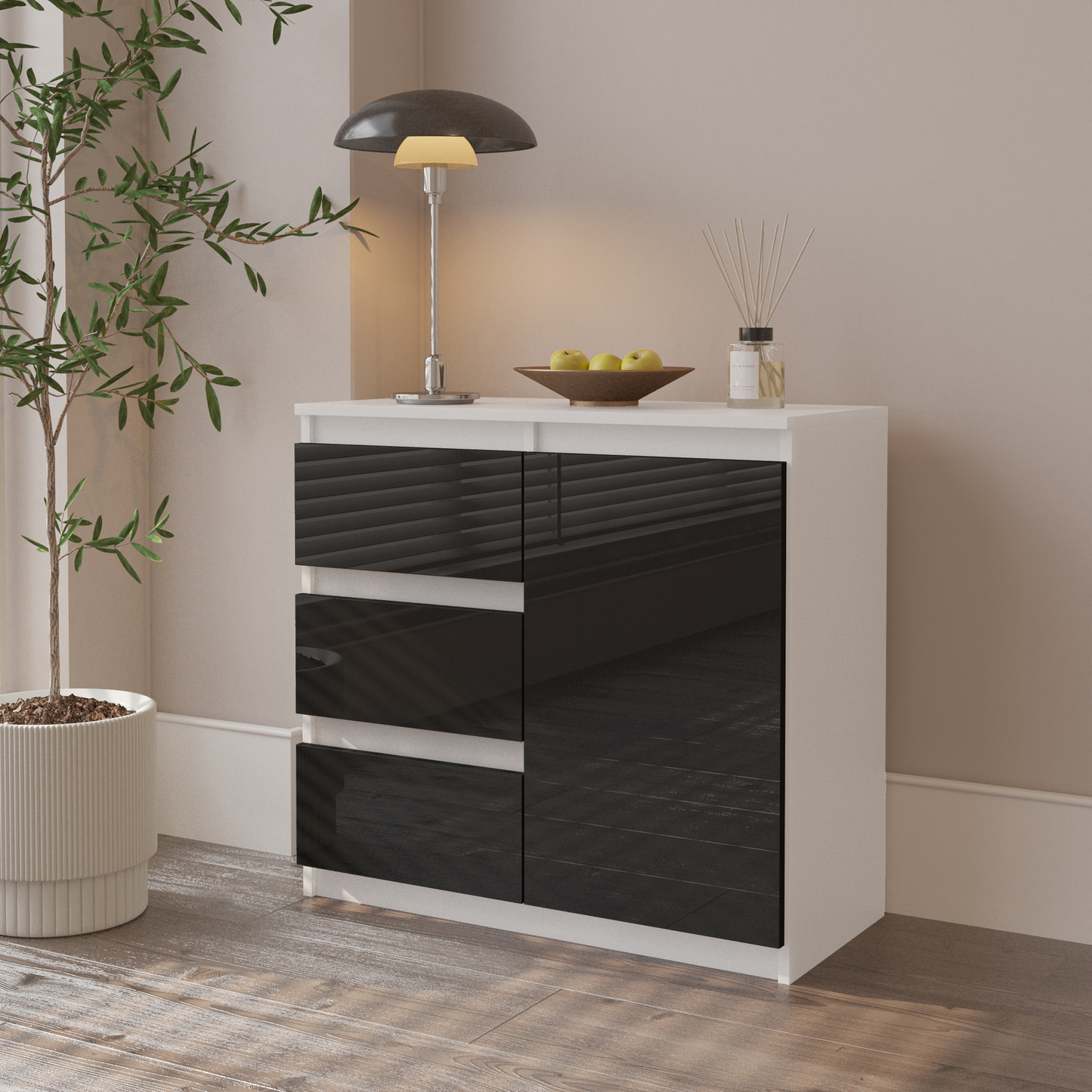 MIKEL - Kommode / Sideboard mit 3 Schubladen und 1 Tür - Weiß Matt / Schwarz Gloss