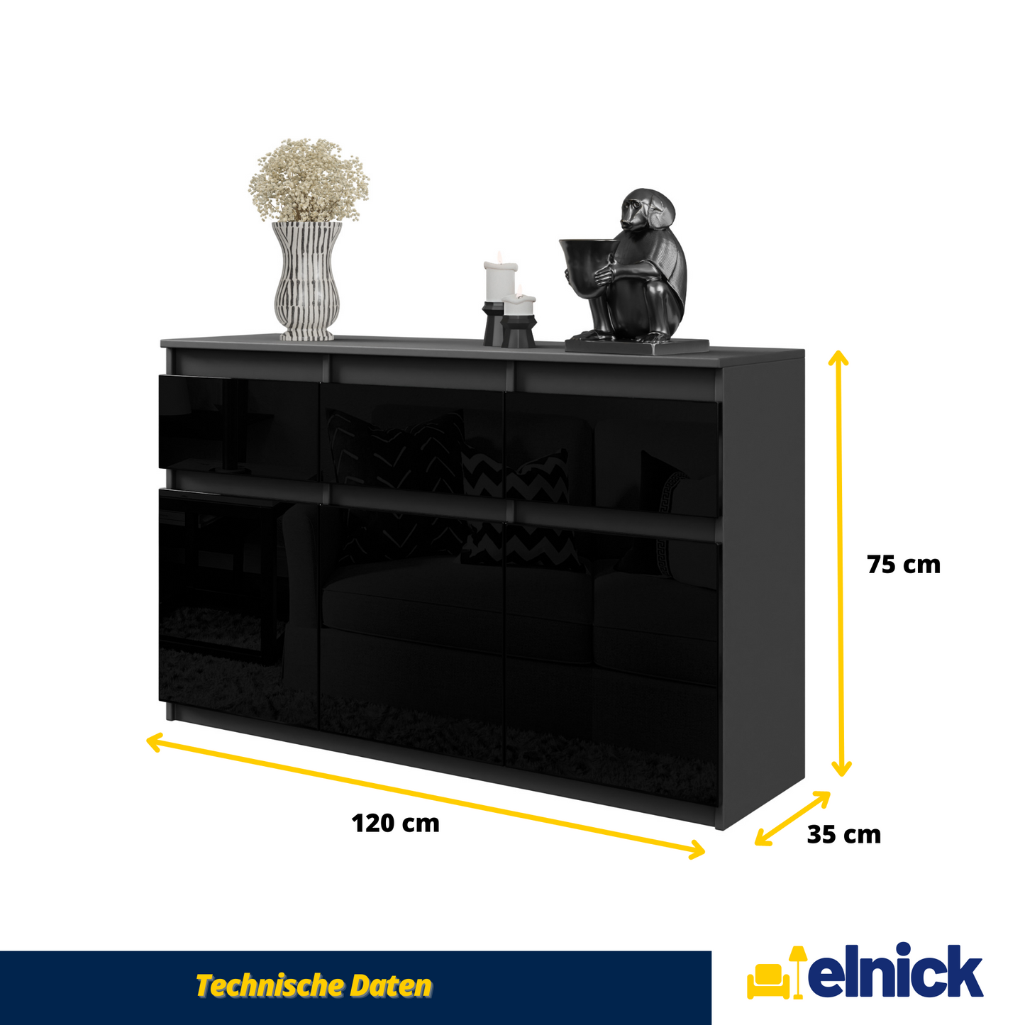 NOAH - Kommode / Sideboard mit 3 Schubladen und 3 Türen - Anthrazit Grau / Schwarz Gloss