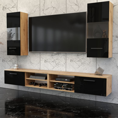 MIRANDA - Wohnwand mit 4 Schränken - Wotan Eiche / Schwarz Gloss 240cm