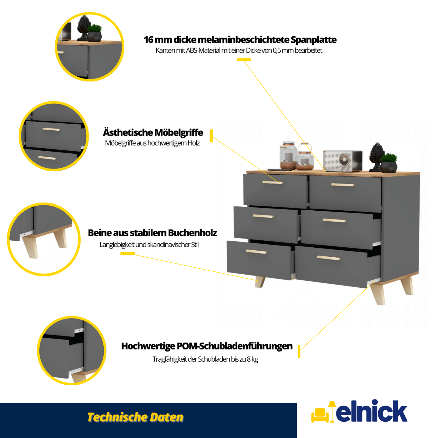 INGRID - Skandinavisch Kommode / Sideboard mit 6 Schubladen - Anthrazit Grau / Wotan Eiche