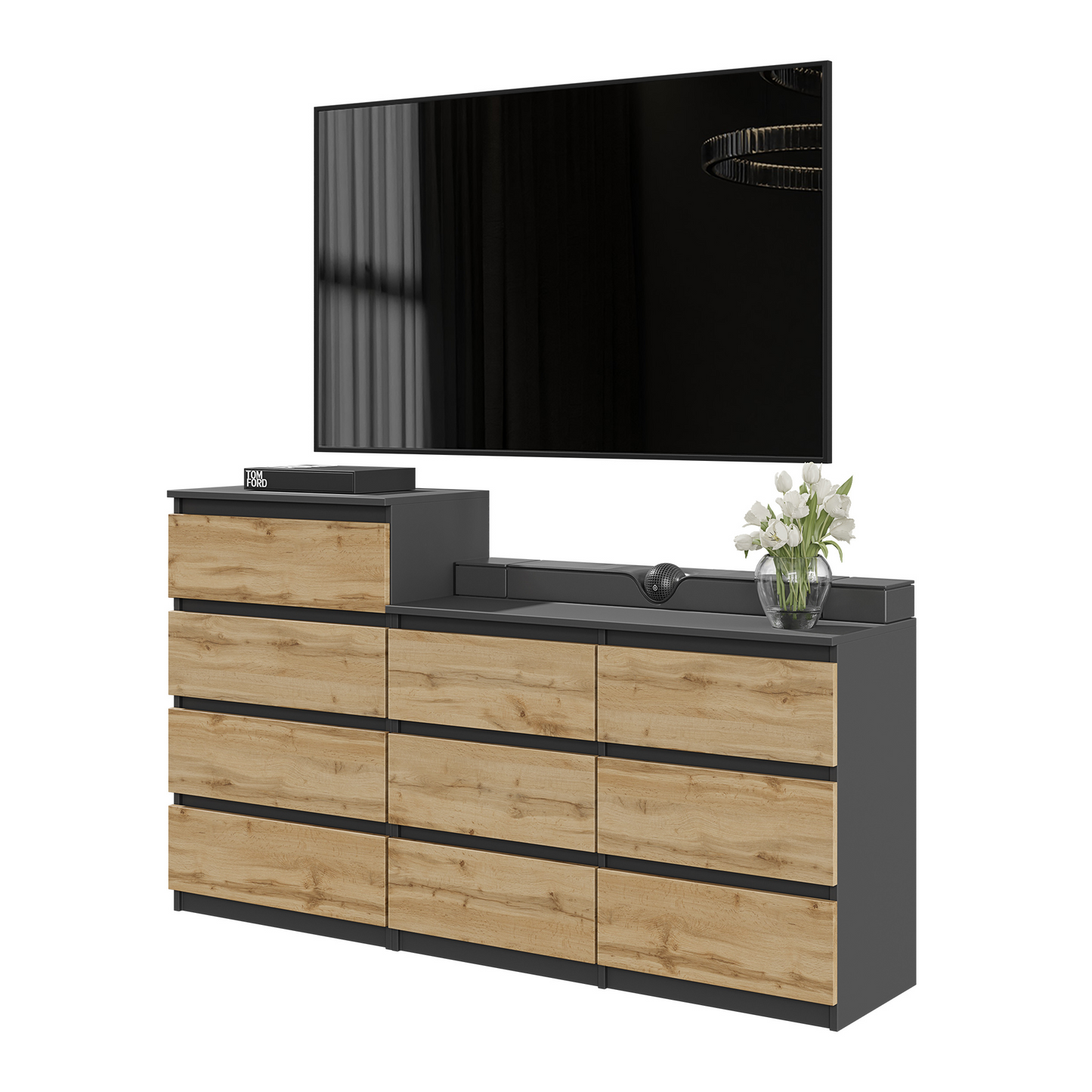 GABRIEL - Kommode / Sideboard mit 10 Schubladen (6+4) - Anthrazit Grau / Wotan Eiche