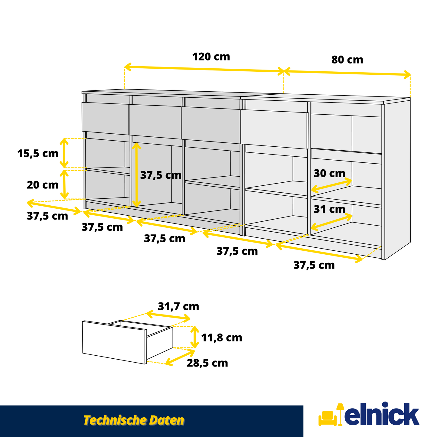 NOAH - Kommode / Sideboard mit 5 Schubladen und 5 Türen - Sonoma Eiche / Weiß Gloss