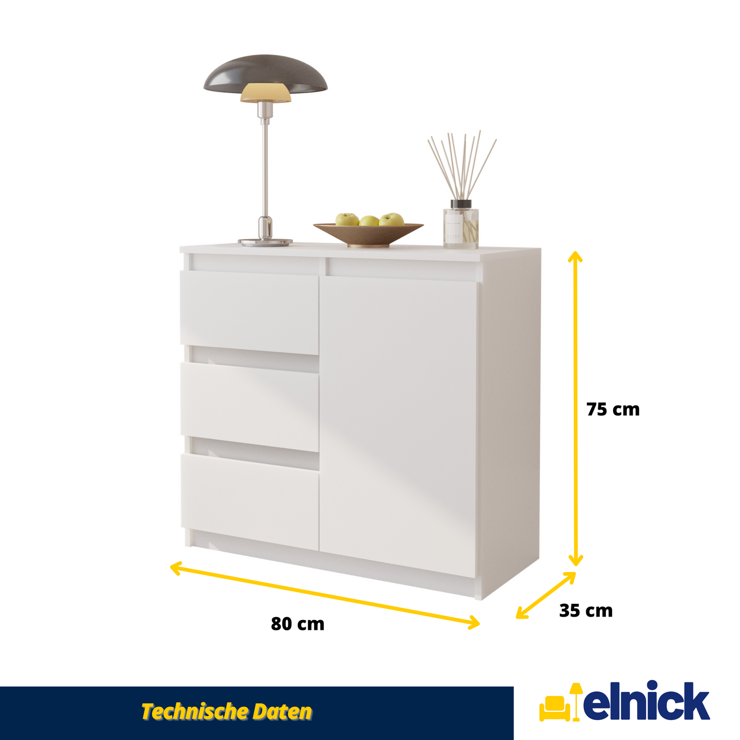 MIKEL - Kommode / Sideboard mit 3 Schubladen und 1 Tür - Weiß Matt