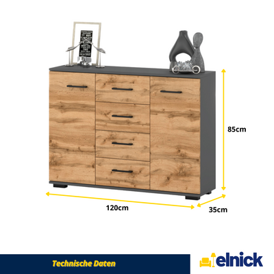 MARK - Kommode / Sideboard mit 4 Schubladen und 2 Türen - Anthrazit Grau / Wotan Eiche