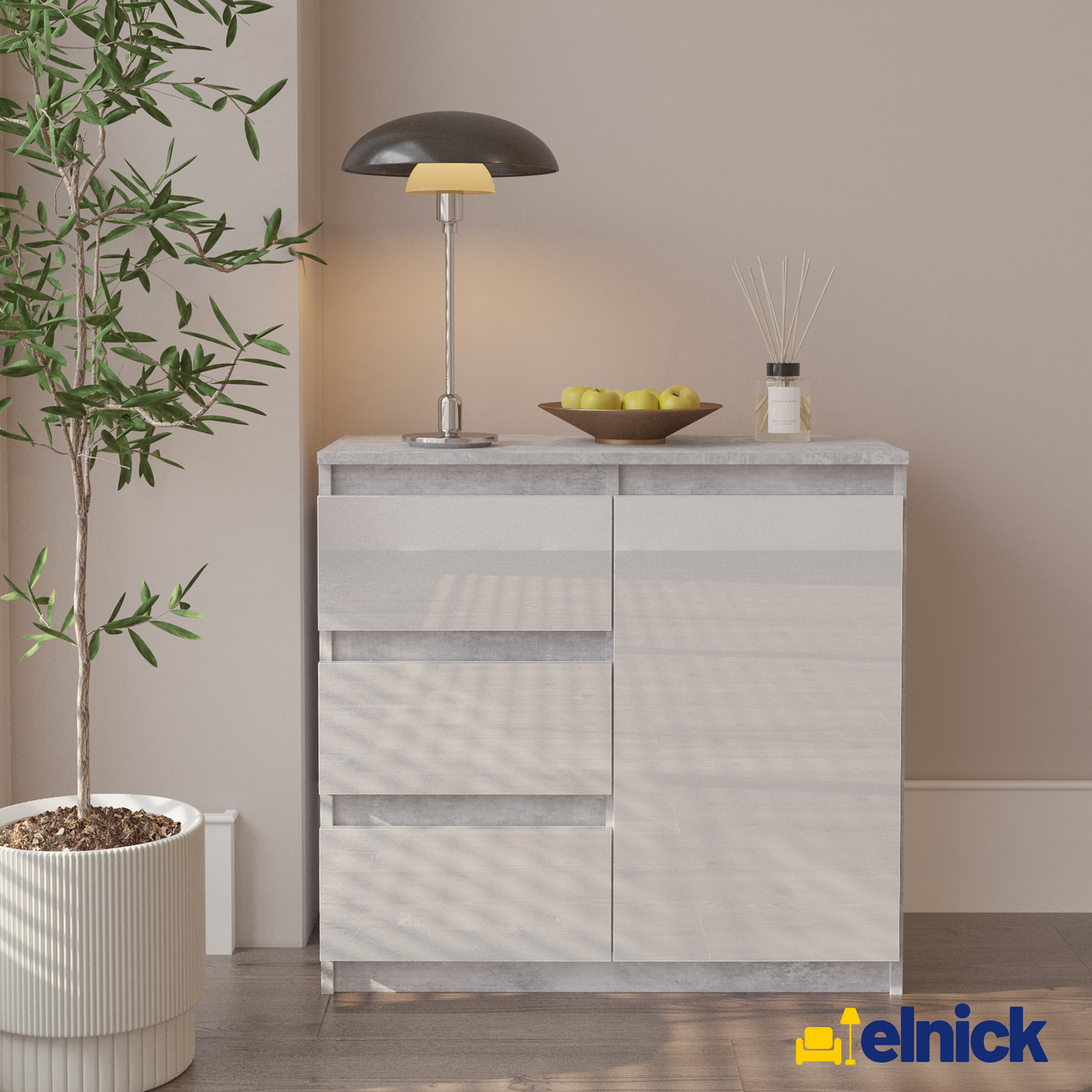 MIKEL - Kommode / Sideboard mit 3 Schubladen und 1 Tür - Beton-Optik / Weiß Gloss