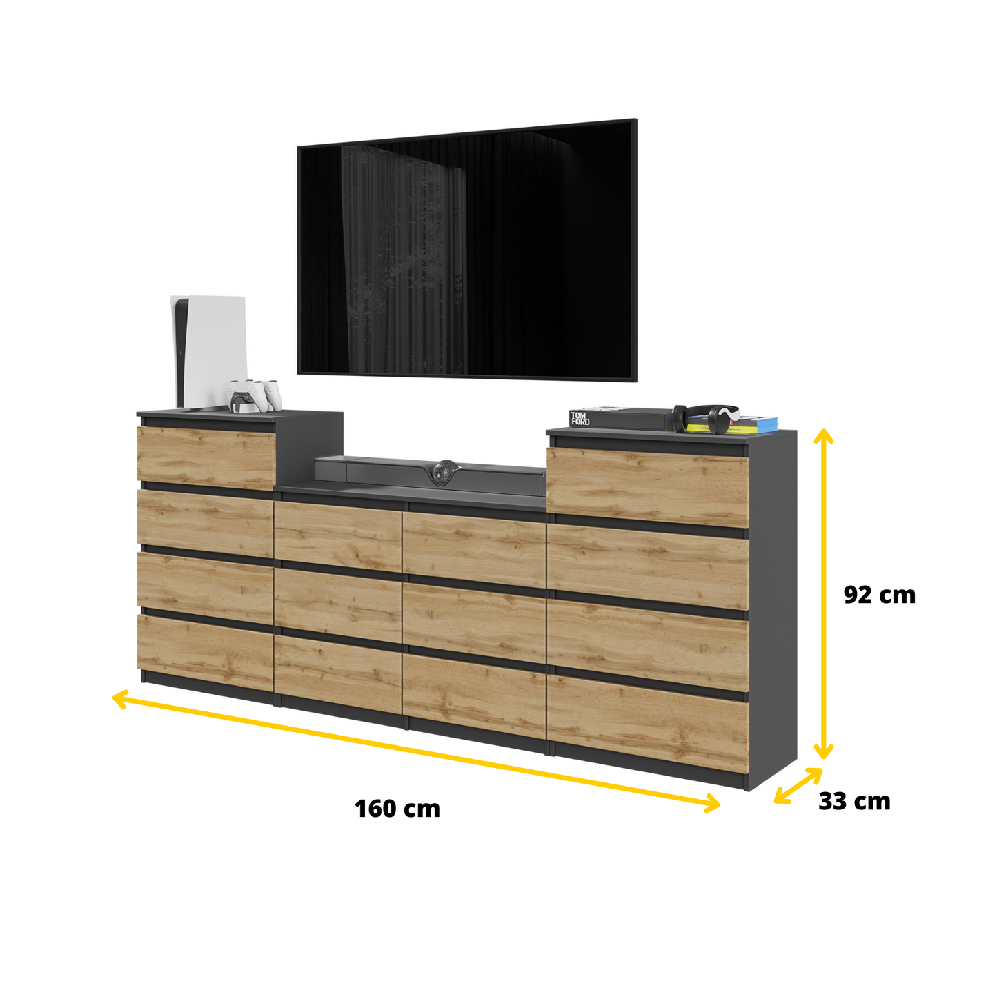 GABRIEL - Kommode / Sideboard mit 14 Schubladen (4+6+4) - Anthrazit Grau / Wotan Eiche