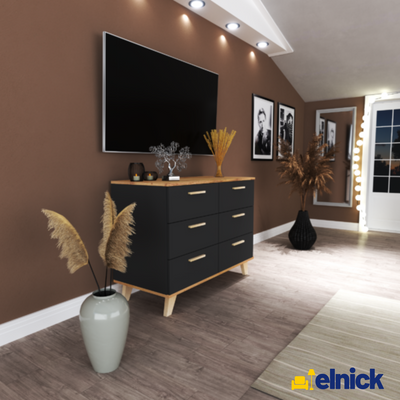 INGRID - Skandinavisch Kommode / Sideboard mit 6 Schubladen - Anthrazit Grau / Wotan Eiche