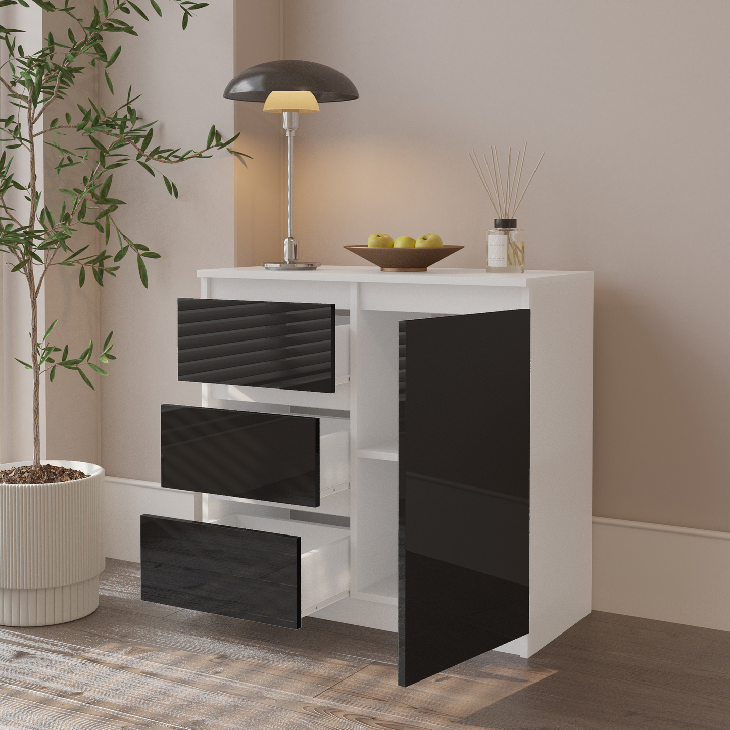 MIKEL - Kommode / Sideboard mit 3 Schubladen und 1 Tür - Weiß Matt / Schwarz Gloss