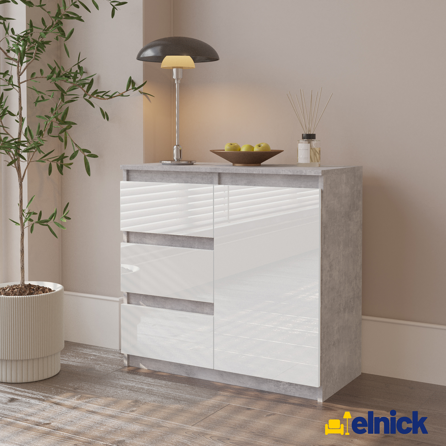 MIKEL - Kommode / Sideboard mit 3 Schubladen und 1 Tür - Beton-Optik / Weiß Gloss