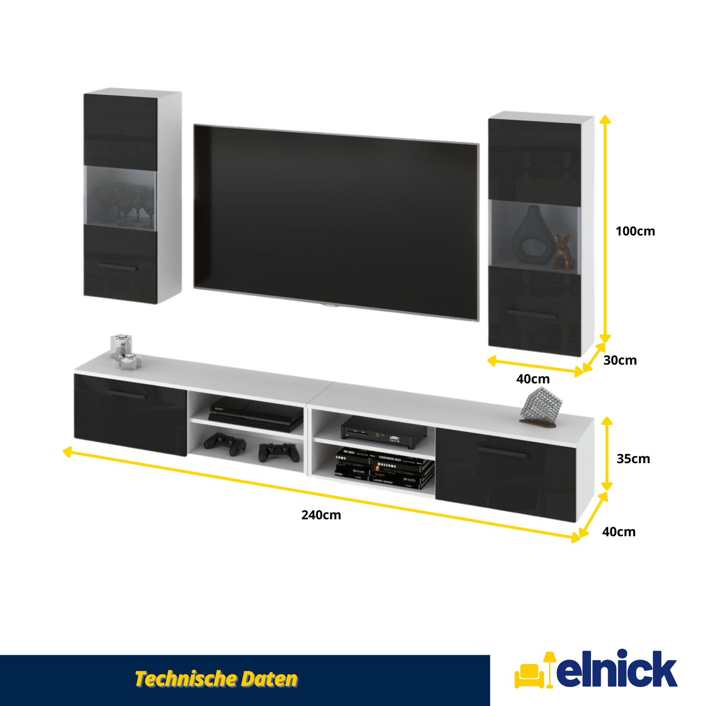 MIRANDA - Wohnwand mit 4 Schränken - Weiß Matt / Schwarz Gloss