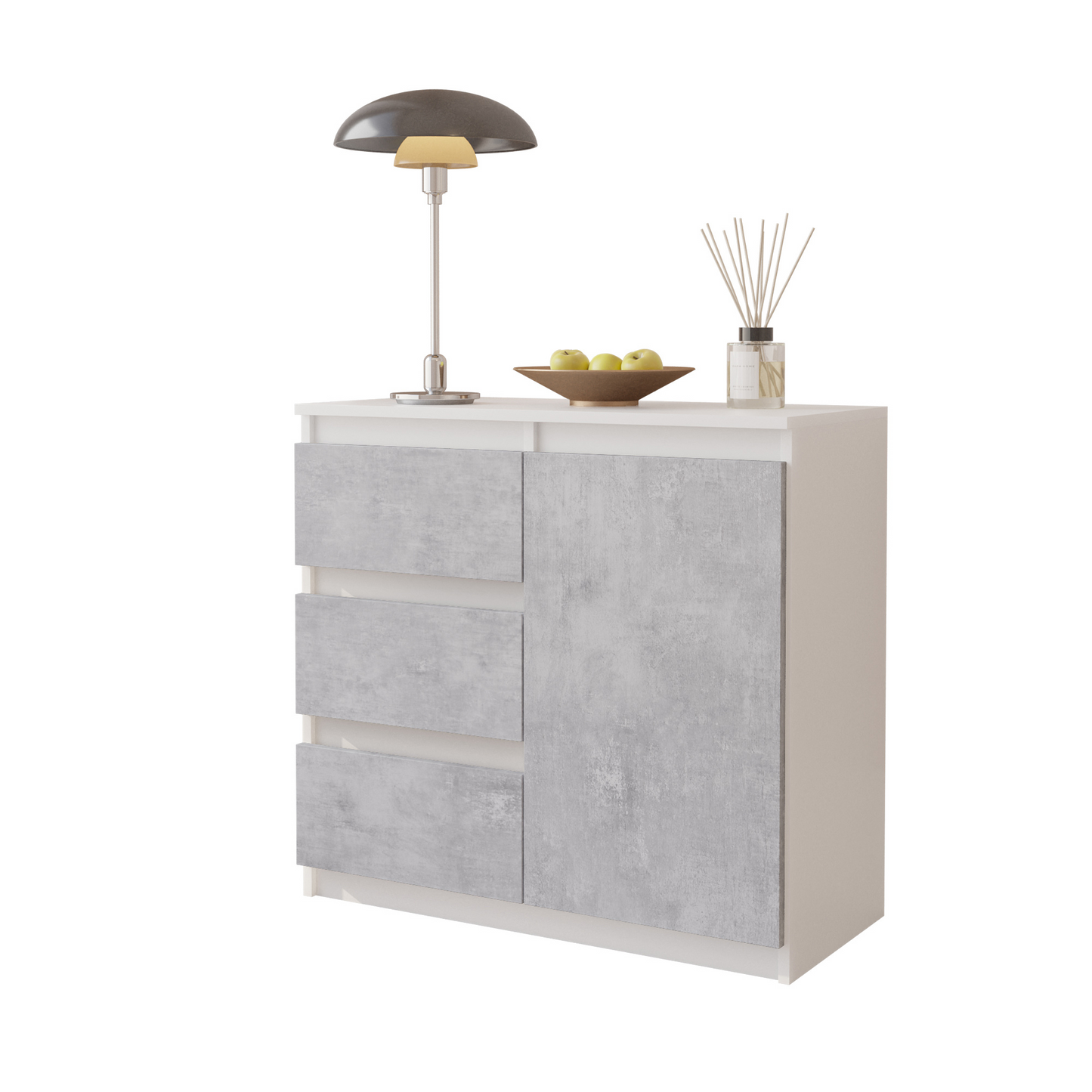 MIKEL - Kommode / Sideboard mit 3 Schubladen und 1 Tür - Weiß Matt / Beton-Optik