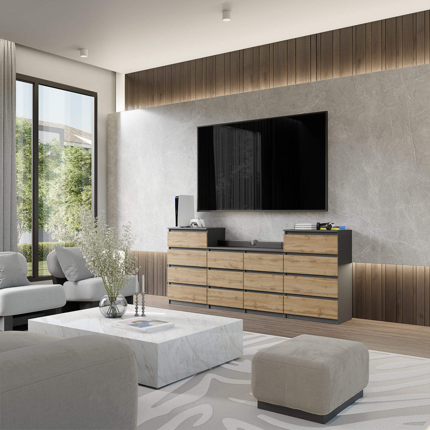 GABRIEL - Kommode / Sideboard mit 14 Schubladen (4+6+4) - Anthrazit Grau / Wotan Eiche
