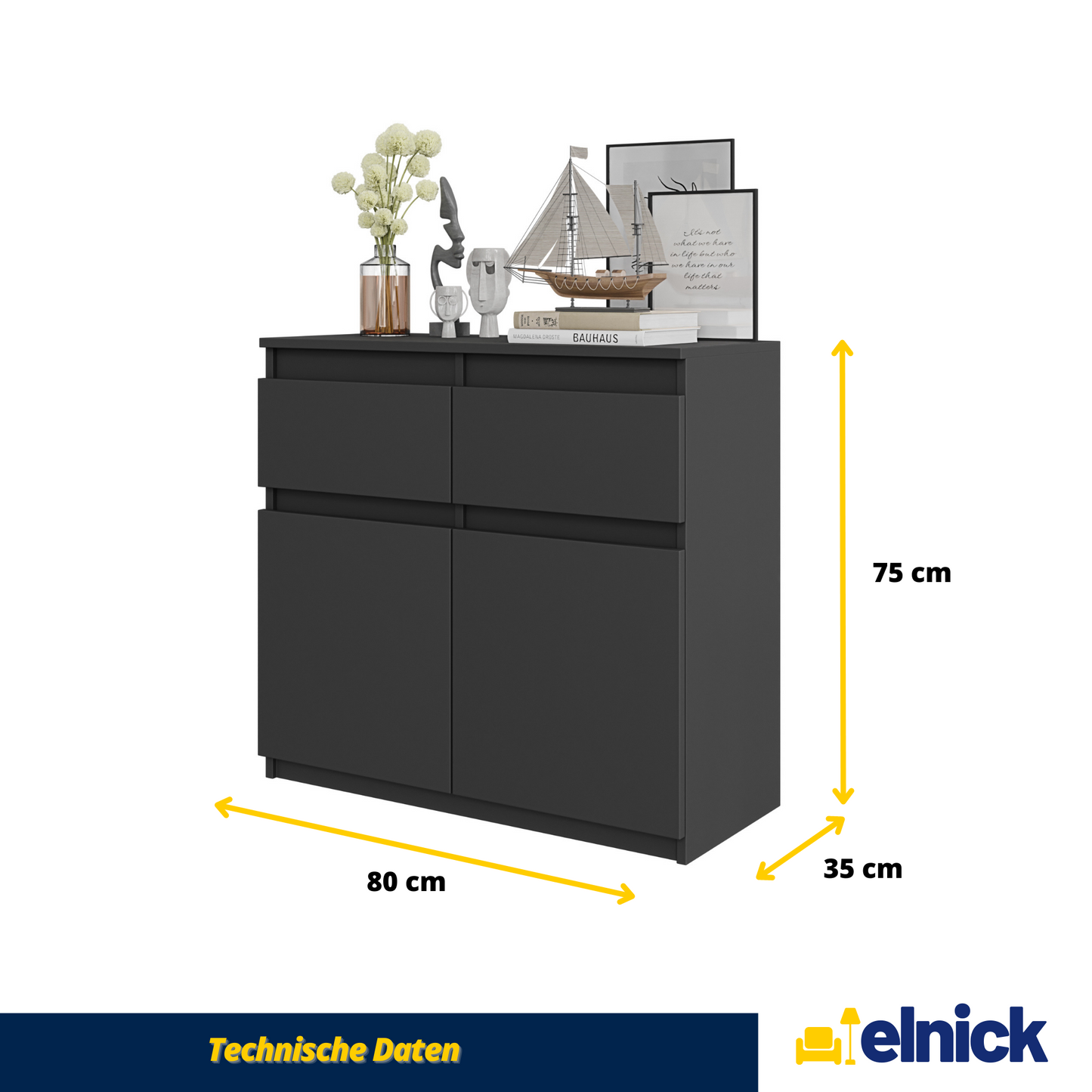 NOAH - Kommode / Sideboard mit 2 Schubladen und 2 Türen - Anthrazit Grau