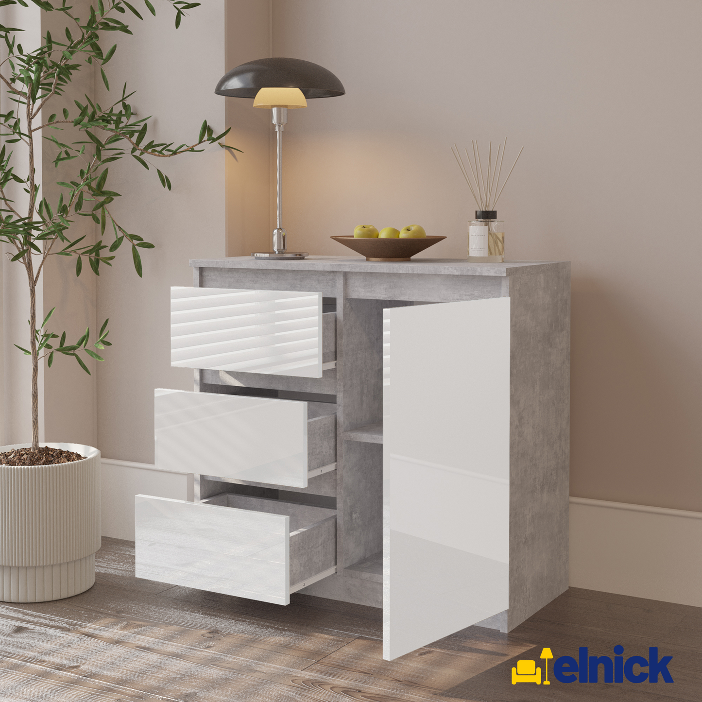 MIKEL - Kommode / Sideboard mit 3 Schubladen und 1 Tür - Beton-Optik / Weiß Matt