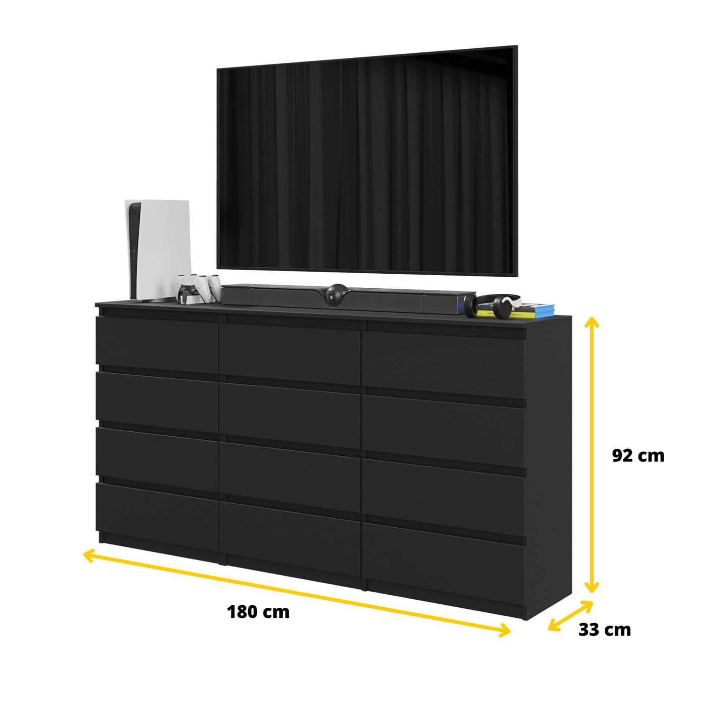 GABRIEL - Kommode / Sideboard mit 12 Schubladen (8+4) - Schwarz Matt