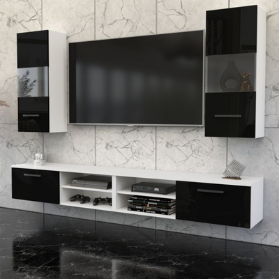 MIRANDA - Wohnwand mit 4 Schränken - Weiß Matt / Schwarz Gloss 240cm