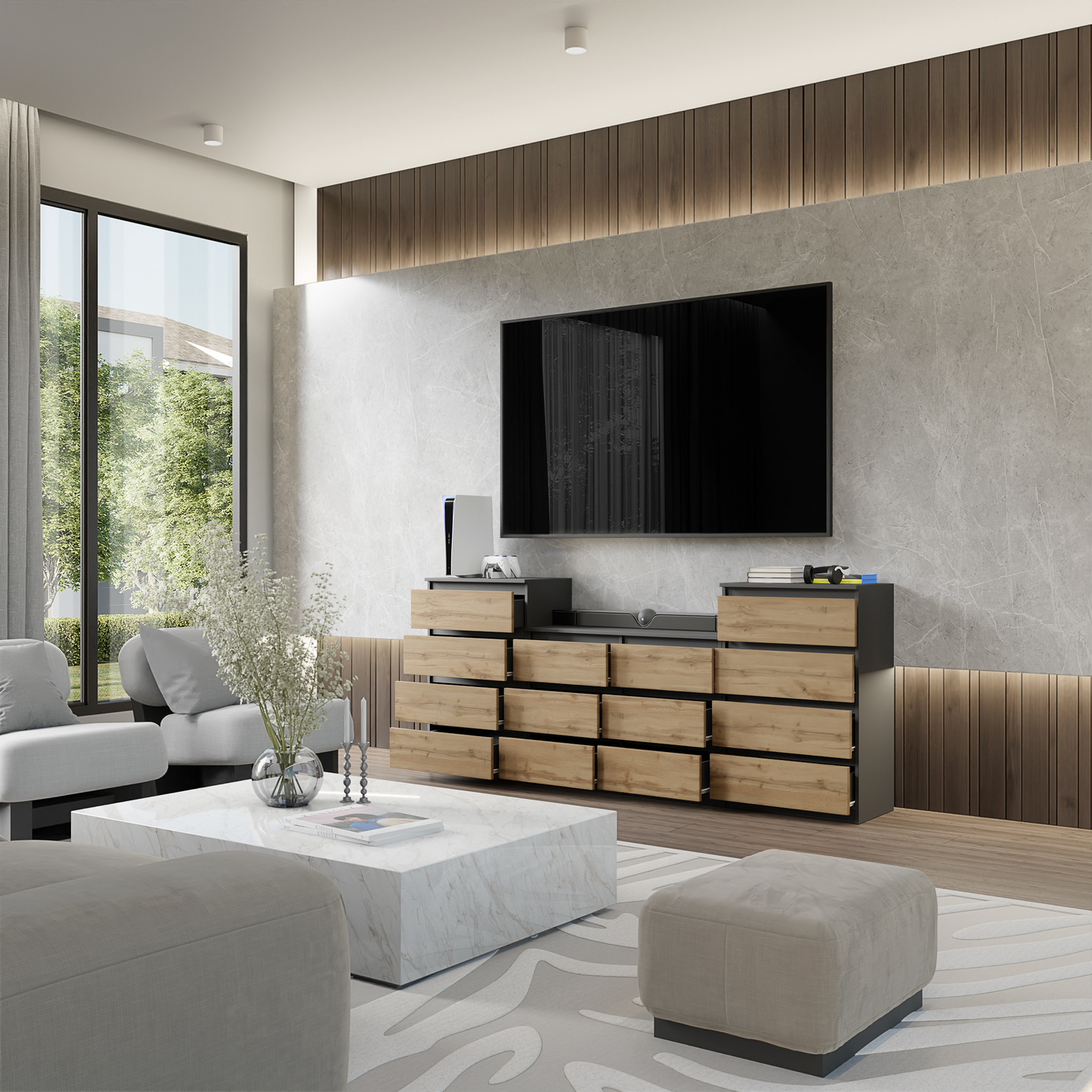 GABRIEL - Kommode / Sideboard mit 14 Schubladen (4+6+4) - Anthrazit Grau / Wotan Eiche