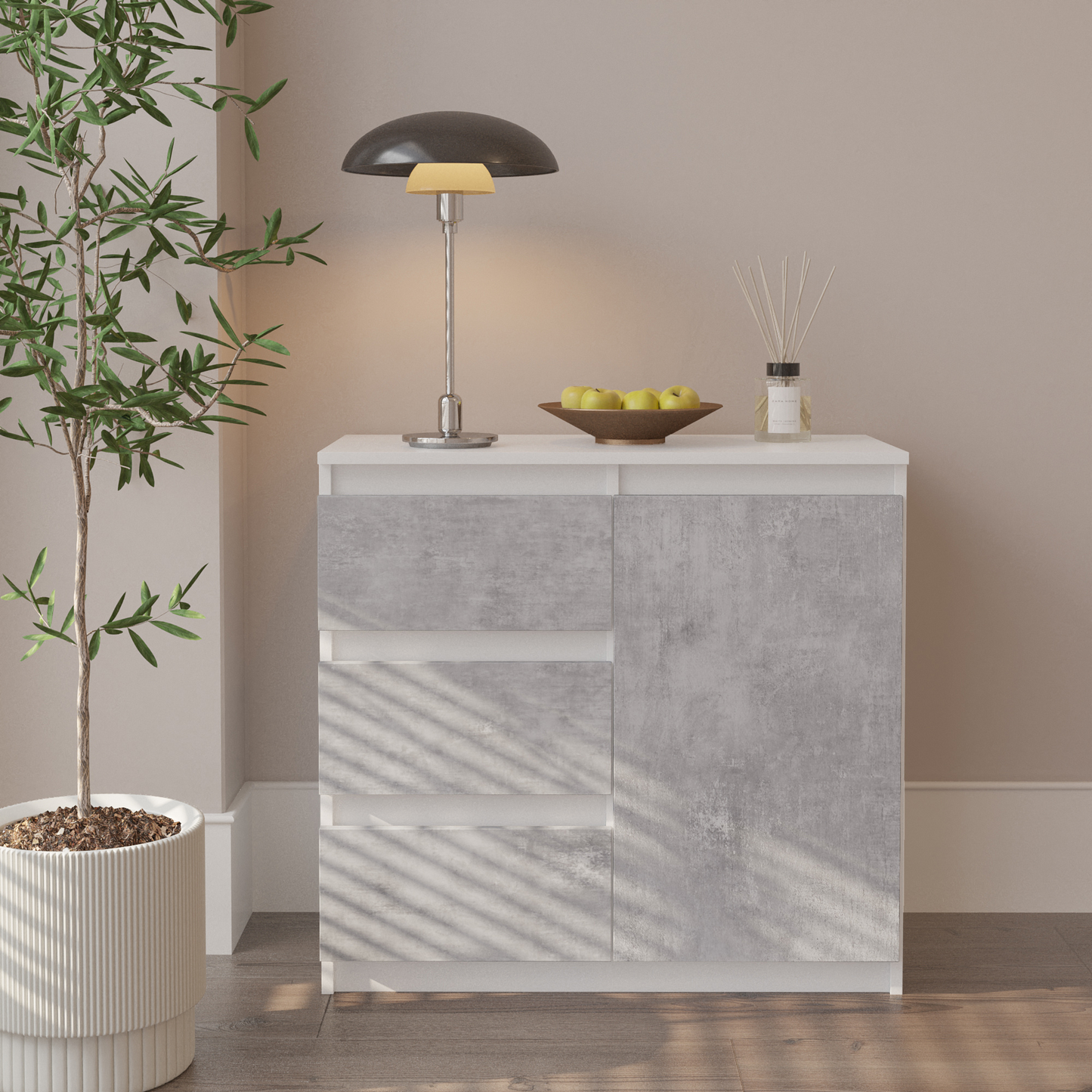 MIKEL - Kommode / Sideboard mit 3 Schubladen und 1 Tür - Weiß Matt / Beton-Optik