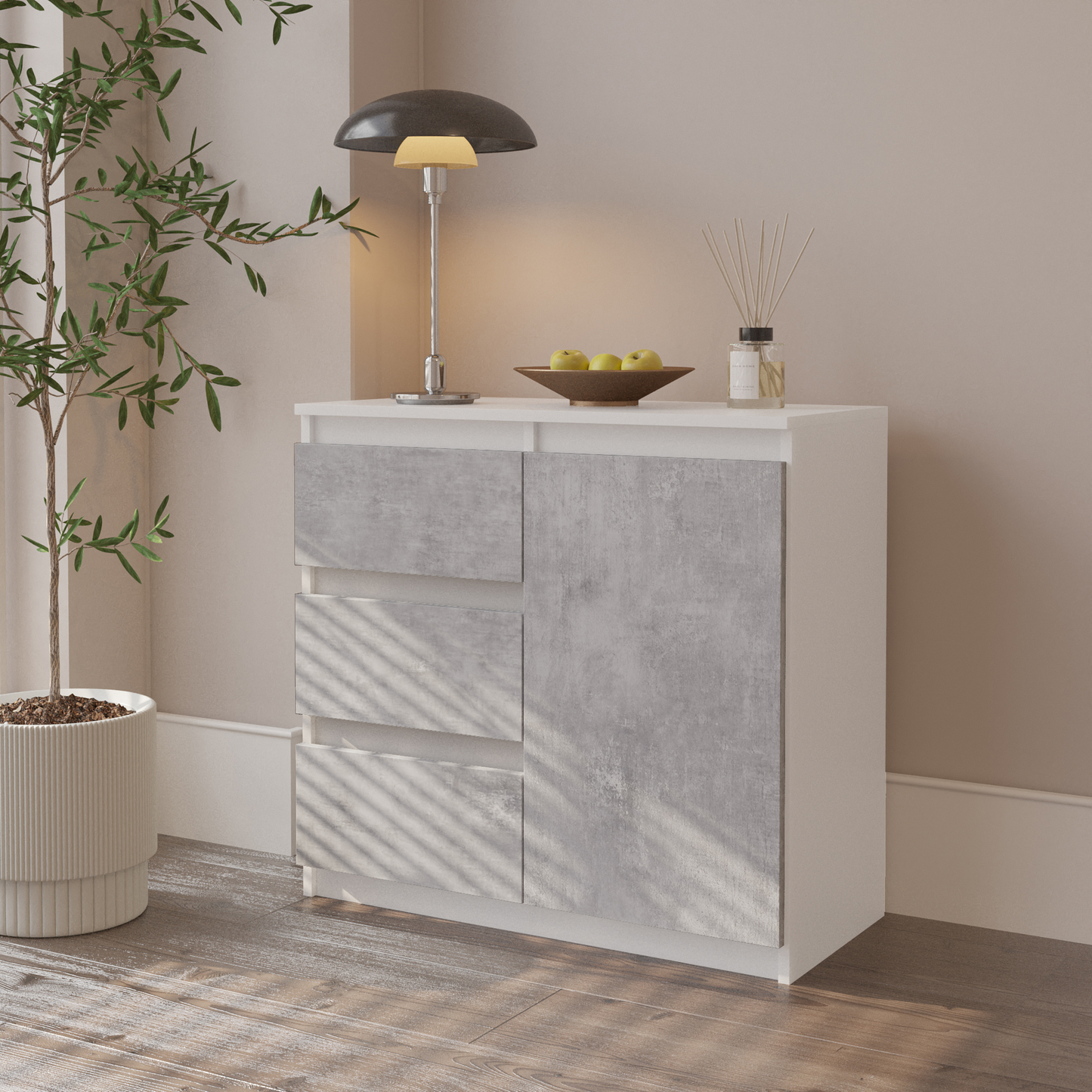 MIKEL - Kommode / Sideboard mit 3 Schubladen und 1 Tür - Weiß Matt / Beton-Optik